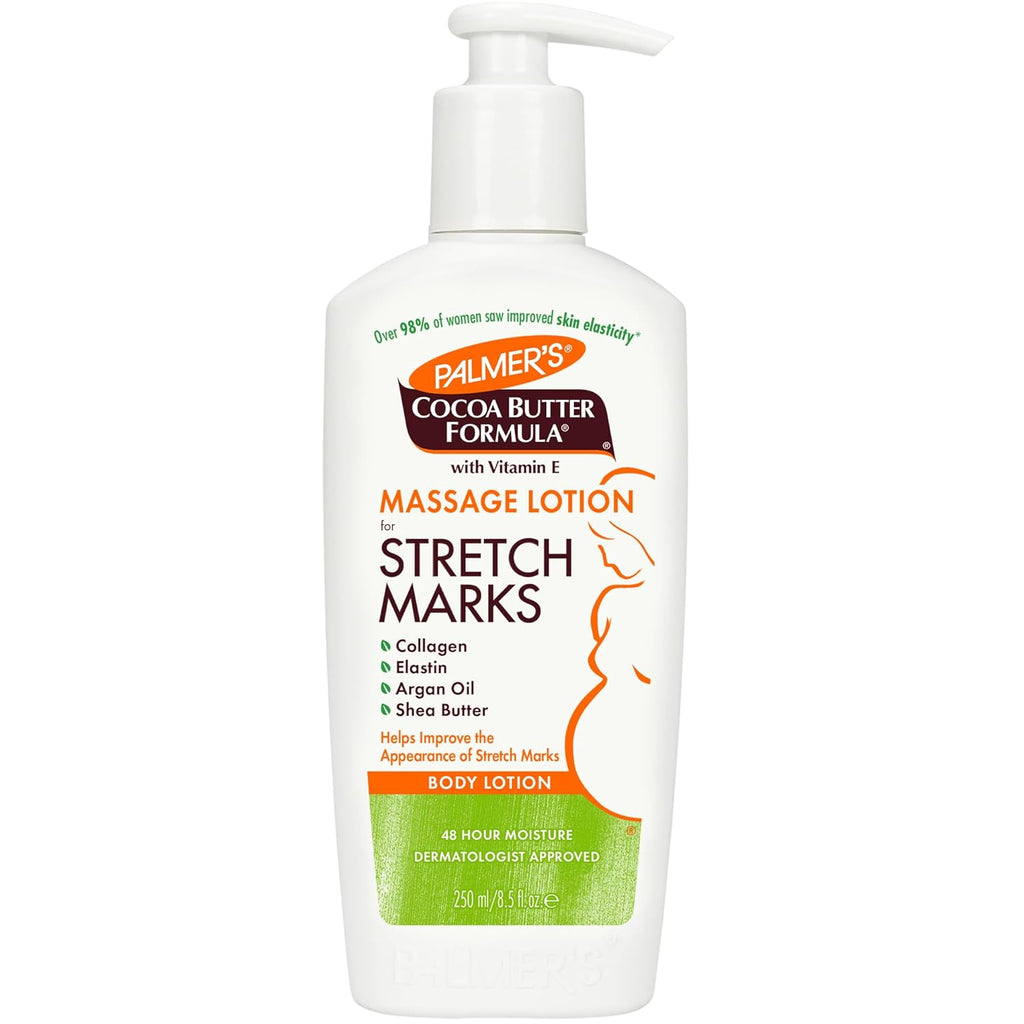 Cocoa Butter Formula Massage Lotion for Stretch Marks, Pregnancy Skin Care, Belly Cream with Collagen, Elastin, Argan Oil and Shea Butter, 8.5 Ounces